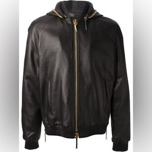 Giuseppe REAL-LEATHER GOLD-CHAIN LINK HOODIE IN BLACK. Size Large.